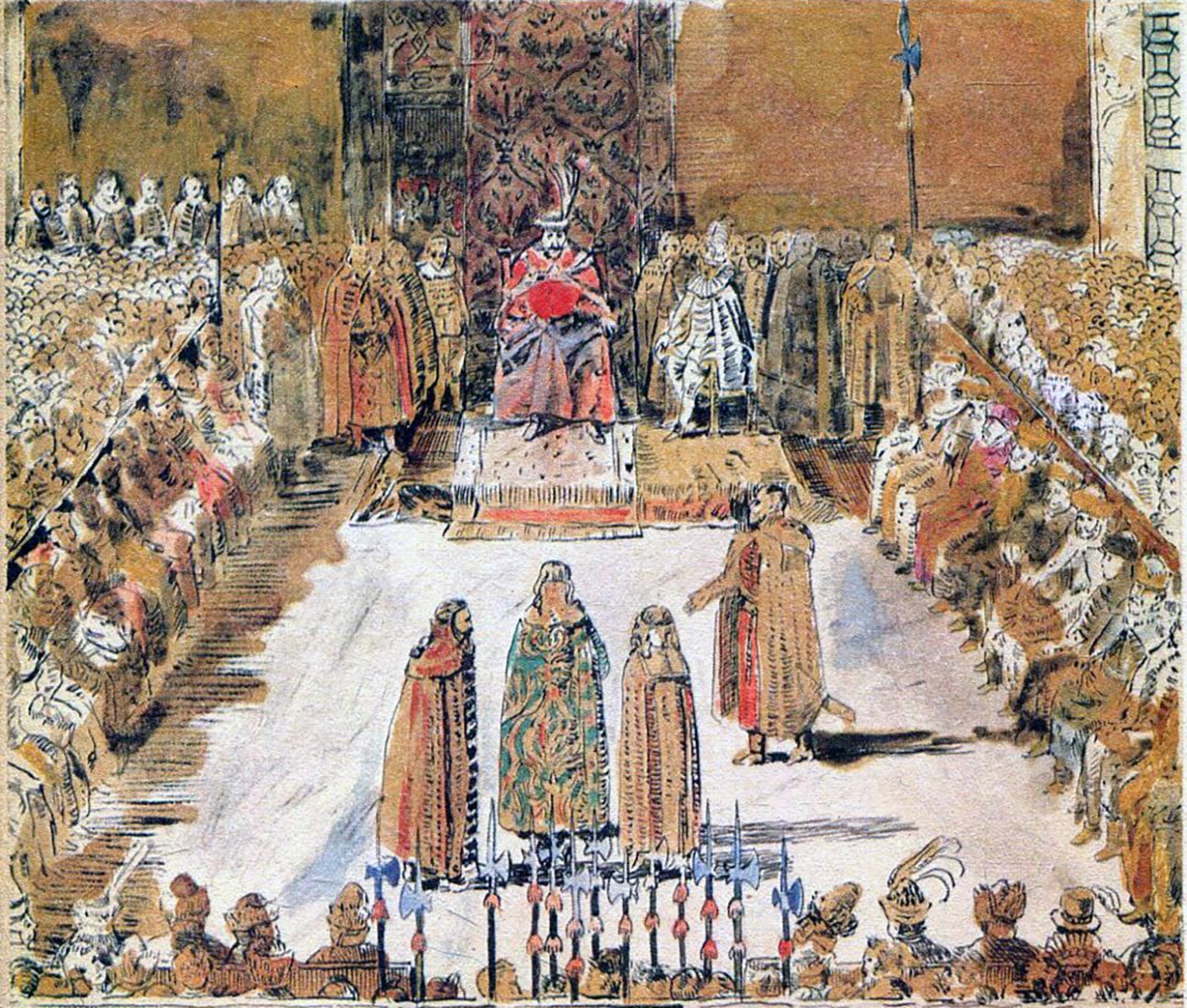 Stanisław Żółkiewski przedstawia królowi Zygmuntowi III i królewiczowi Władysławowi na sejmie 1611 r. pojmanych carów Szujskich, sztych Tomasza Makowskiego według Tomasza Dolabelli